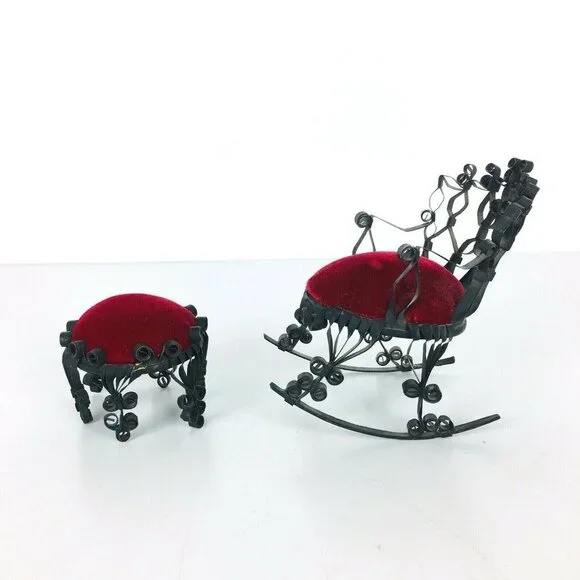 Vtg Tin Can Rocking Chair Ottoman Victorian Dollhouse Furniture Folk Tra… - Picture 2 of 9